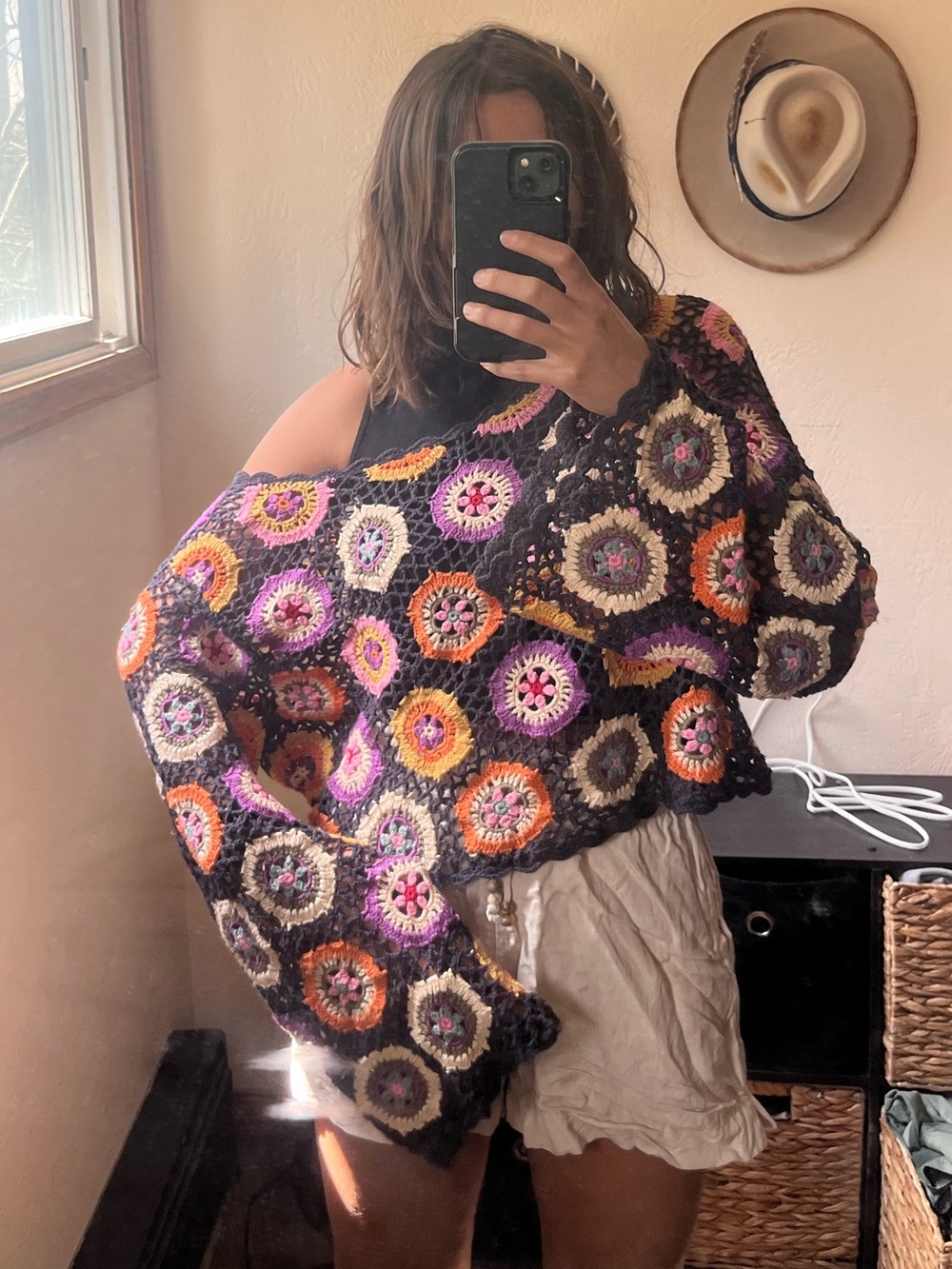 Bohemian Zara Crochet Motif Off-Shoulder Sweater - Black & Multicolor - Picture 1 of 3